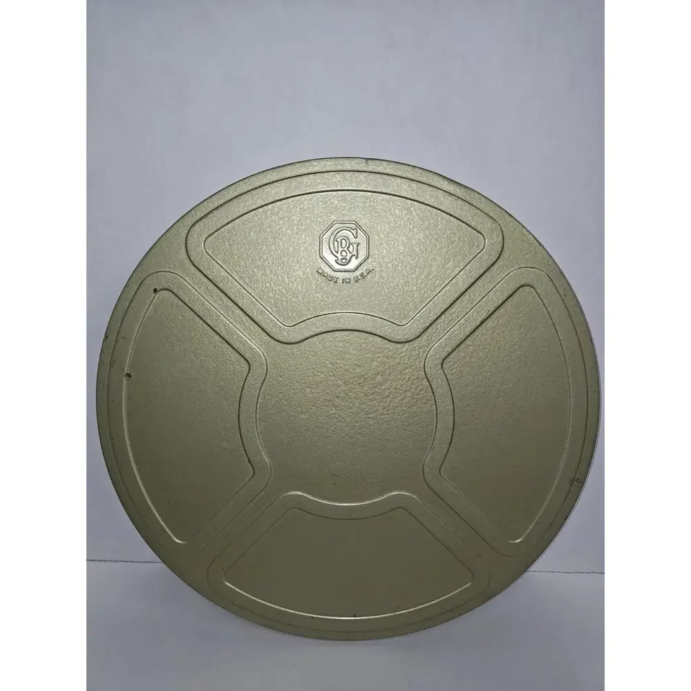Vintage Goldberg Bros. Metal Film Reel Movie Storage Large Gold Green Canister